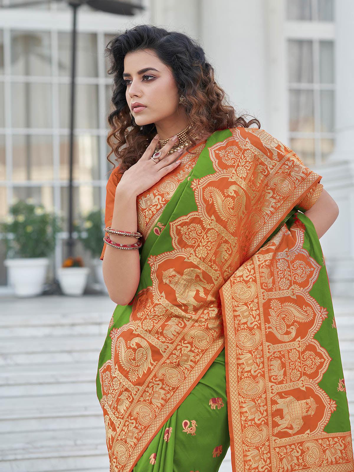 Odette Women Gorgeous Woven Green Banarasi Silk Saree With Unstitched Blouse - Image 3