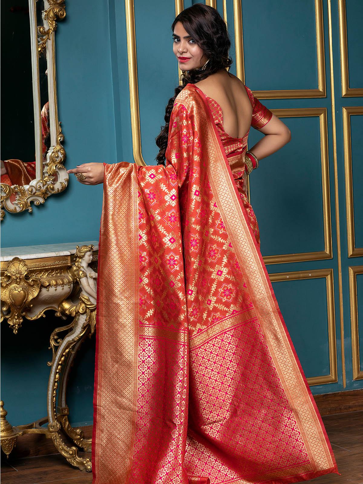 Odette Women Gorgeous Woven Red Banarasi Silk Saree With Unstitched Blouse - Image 2