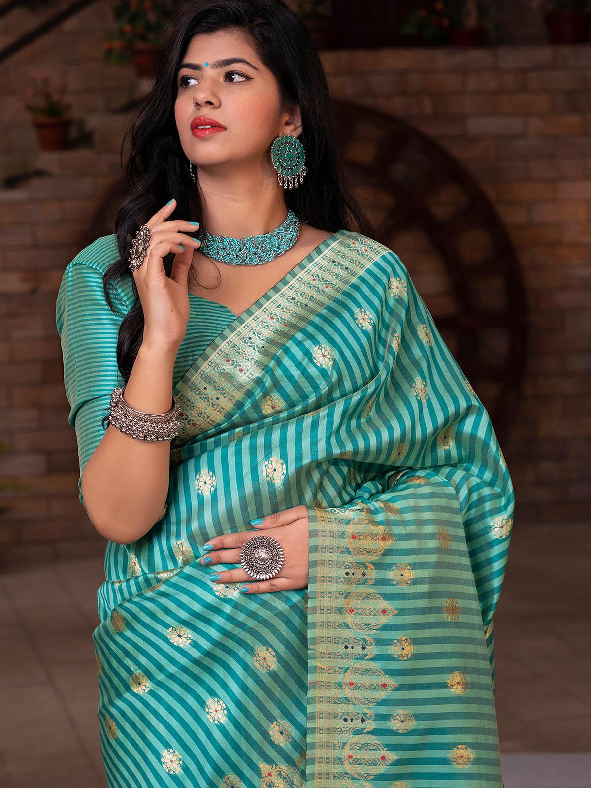 Odette Women Gorgeous Woven Green Banarasi Silk Saree With Unstitched Blouse - Image 3