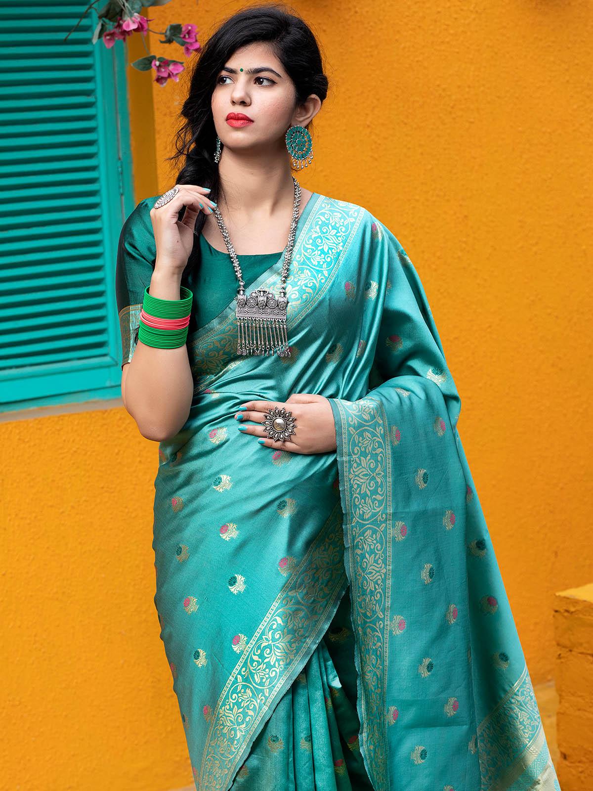 Odette Women Gorgeous Woven Blue Benarasi Silk Saree With Unstitched Blouse - Image 4