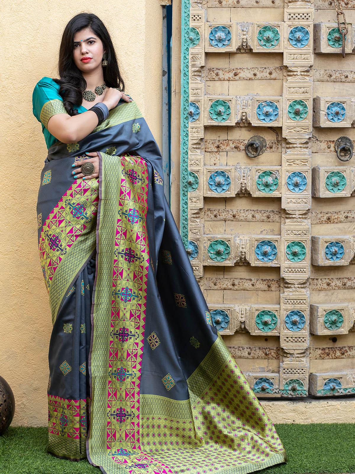 Odette Women Gorgeous Woven Grey Banarasi Silk Saree With Unstitched Blouse - Image 3