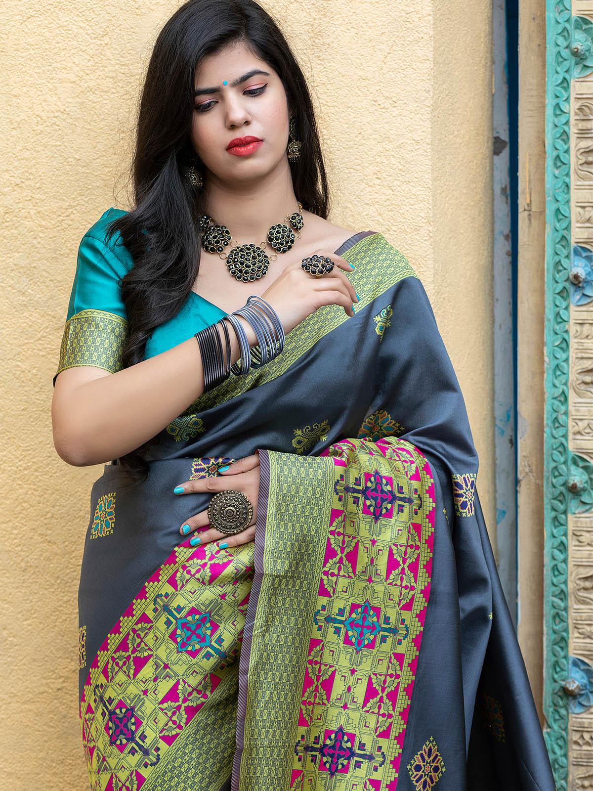 Odette Women Gorgeous Woven Grey Banarasi Silk Saree With Unstitched Blouse - Image 4