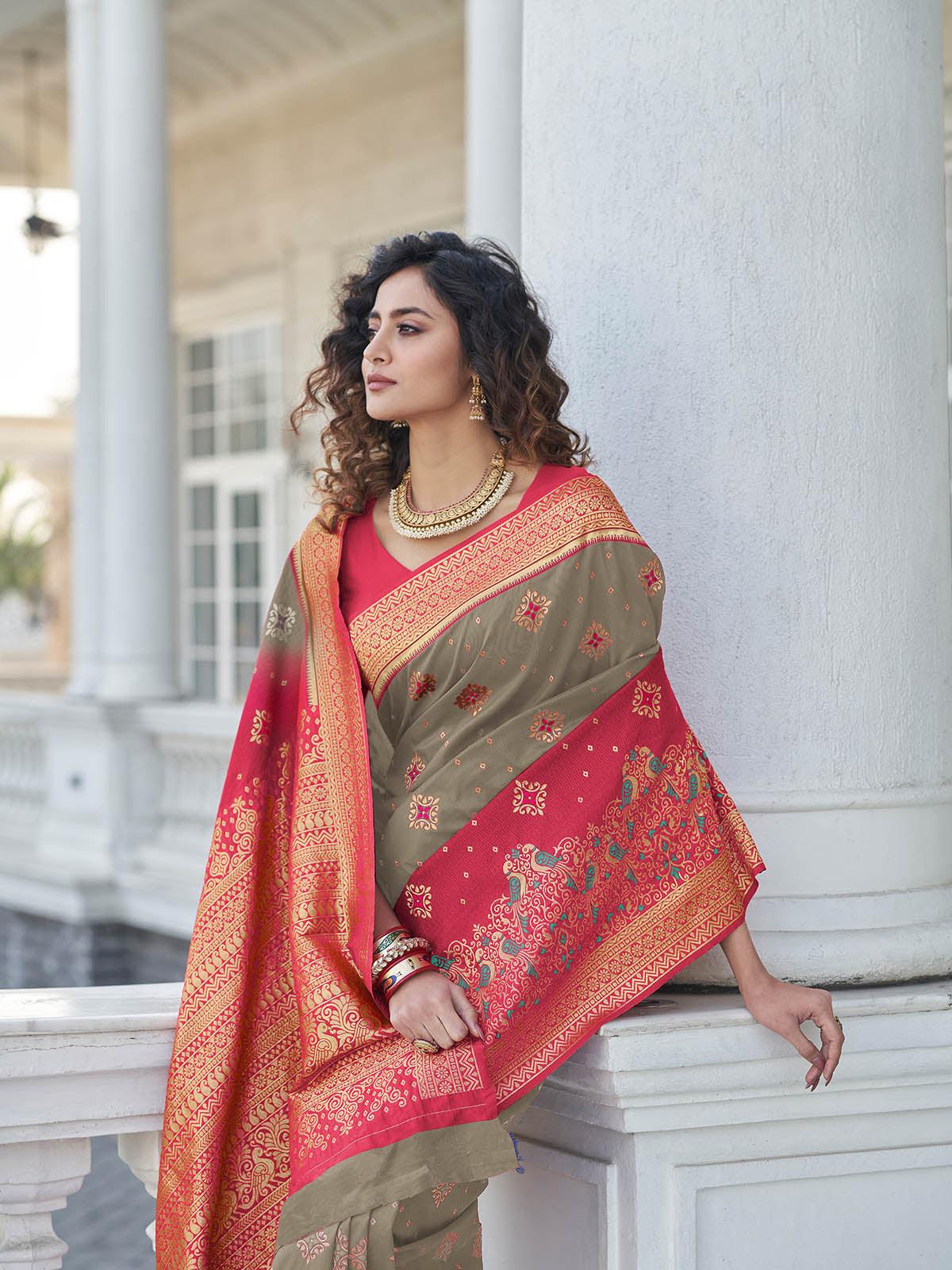 Odette Women Gorgeous Woven Grey Banarasi Silk Saree With Unstitched Blouse - Image 3