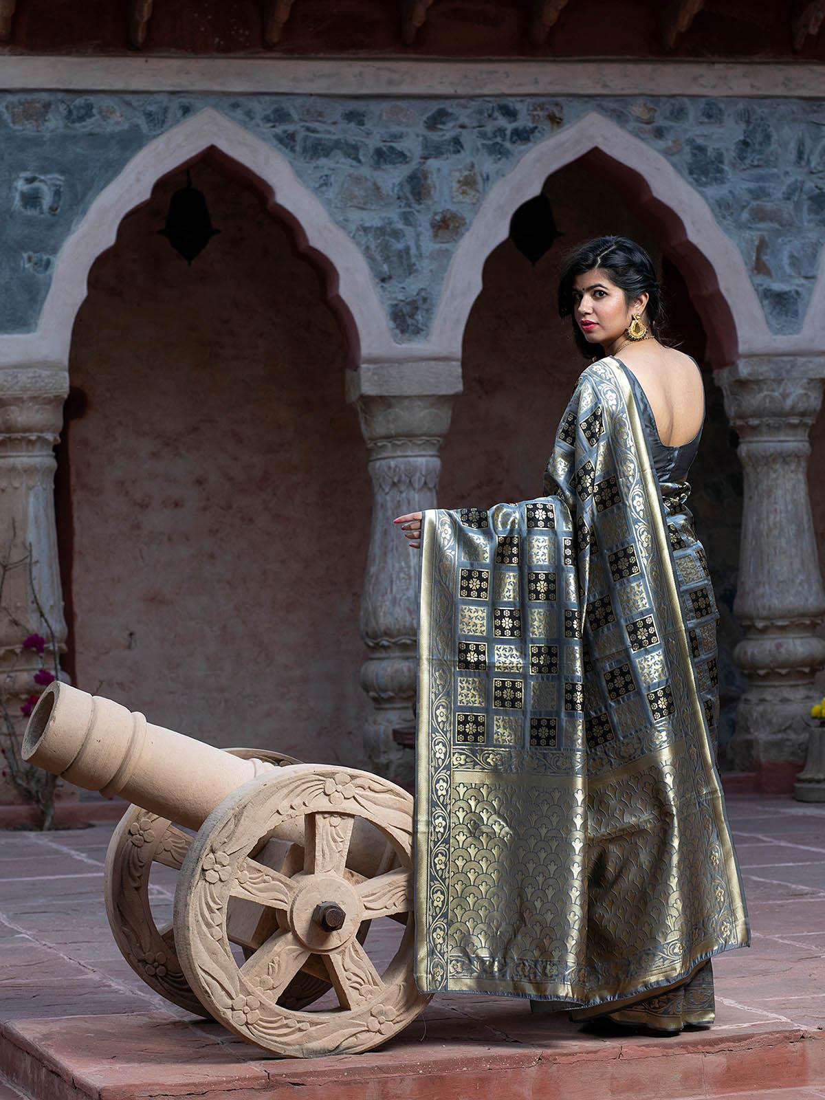 Odette Women Gorgeous Woven Grey Banarasi Silk Saree With Unstitched Blouse - Image 2