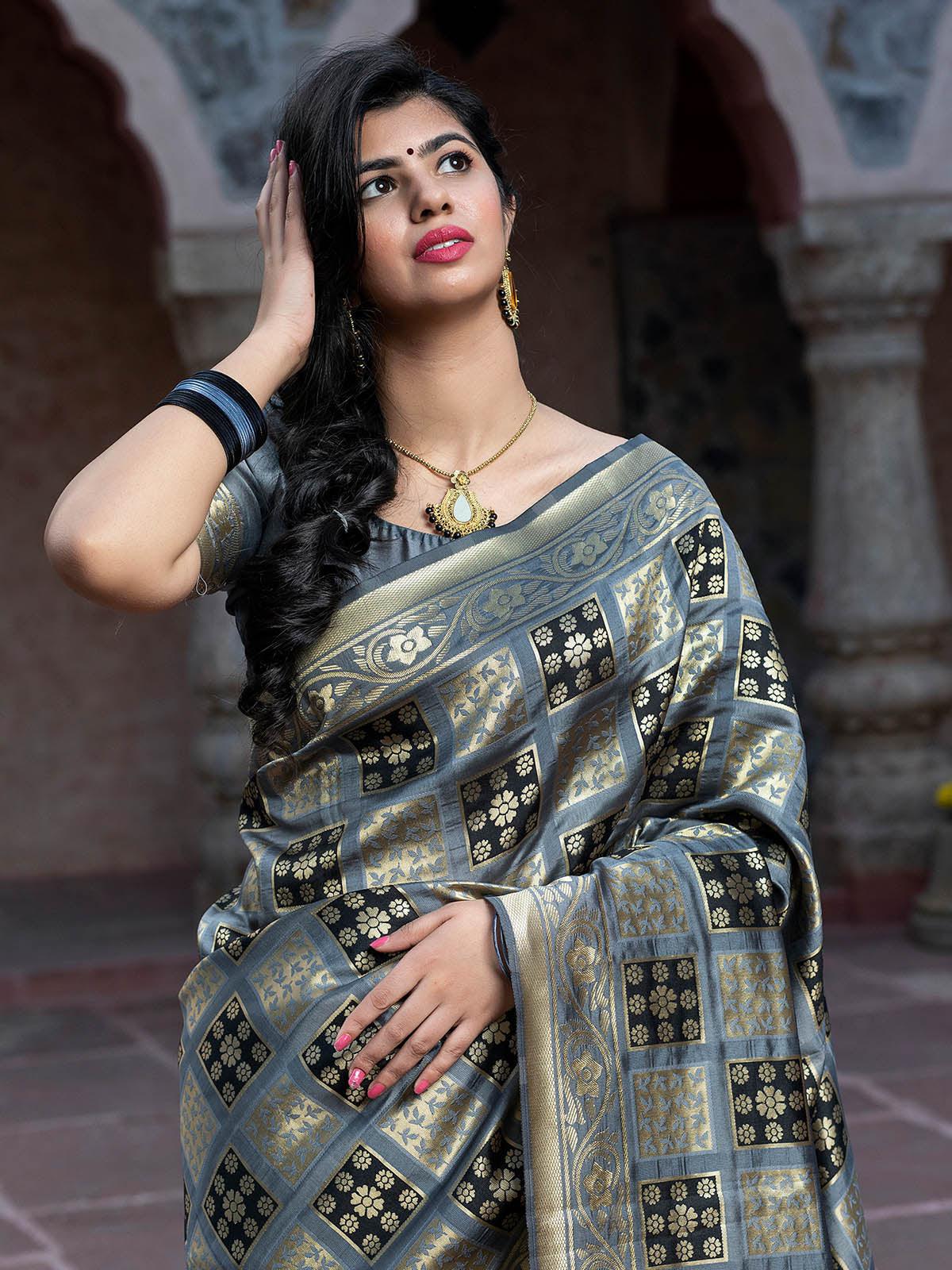 Odette Women Gorgeous Woven Grey Banarasi Silk Saree With Unstitched Blouse - Image 3