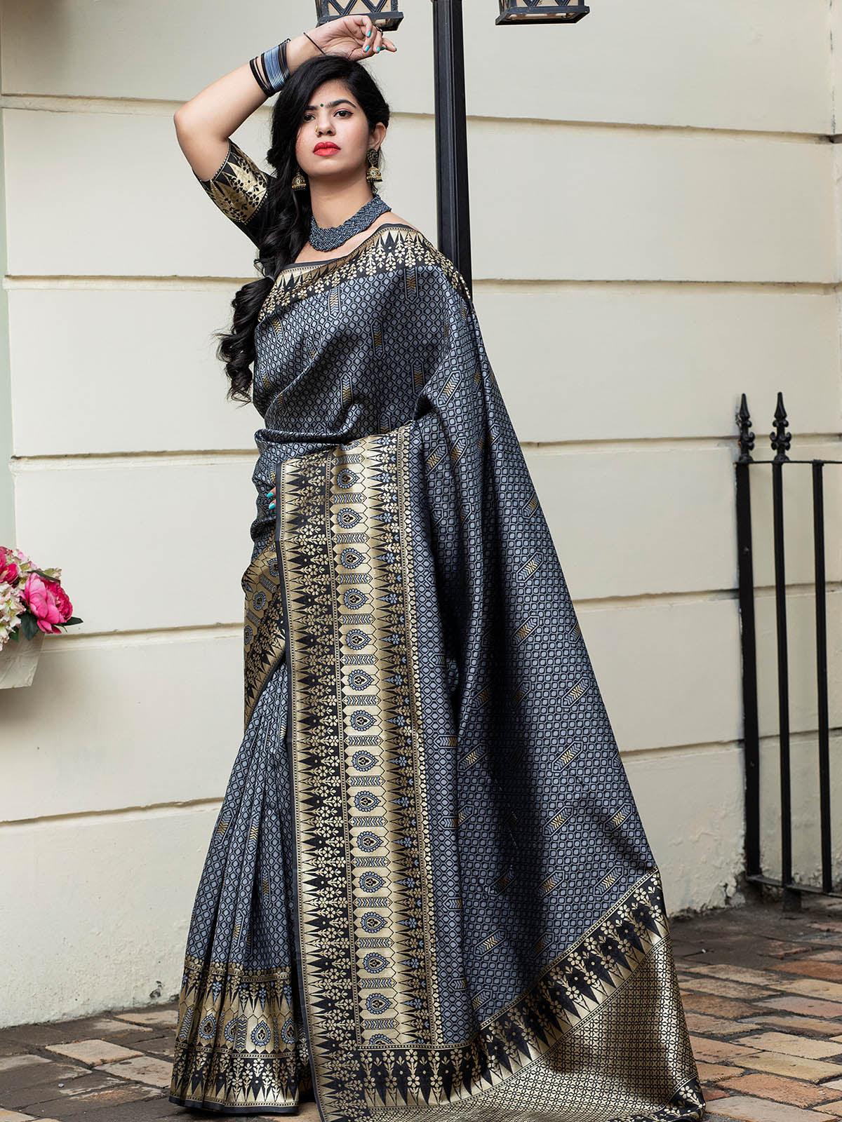 Odette Women Gorgeous Woven Grey Banarasi Silk Saree With Unstitched Blouse - Image 2