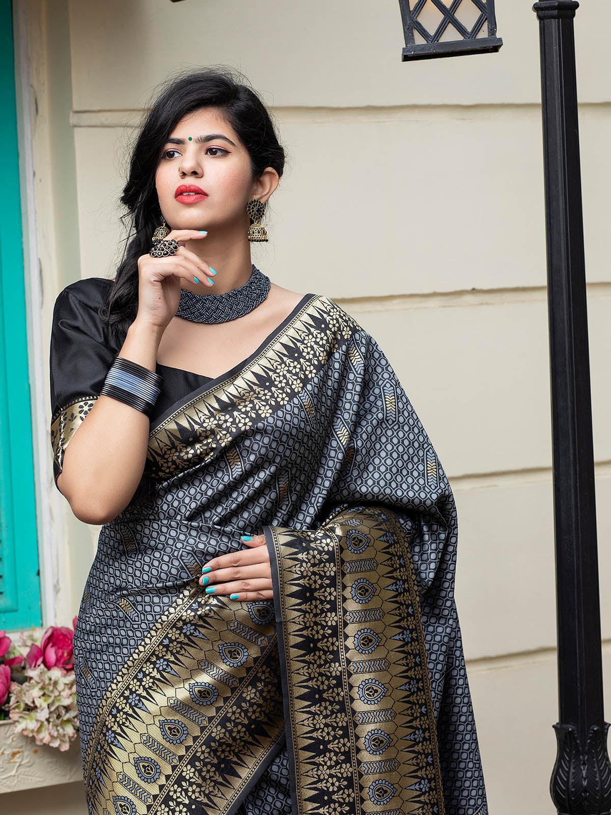 Odette Women Gorgeous Woven Grey Banarasi Silk Saree With Unstitched Blouse - Image 5
