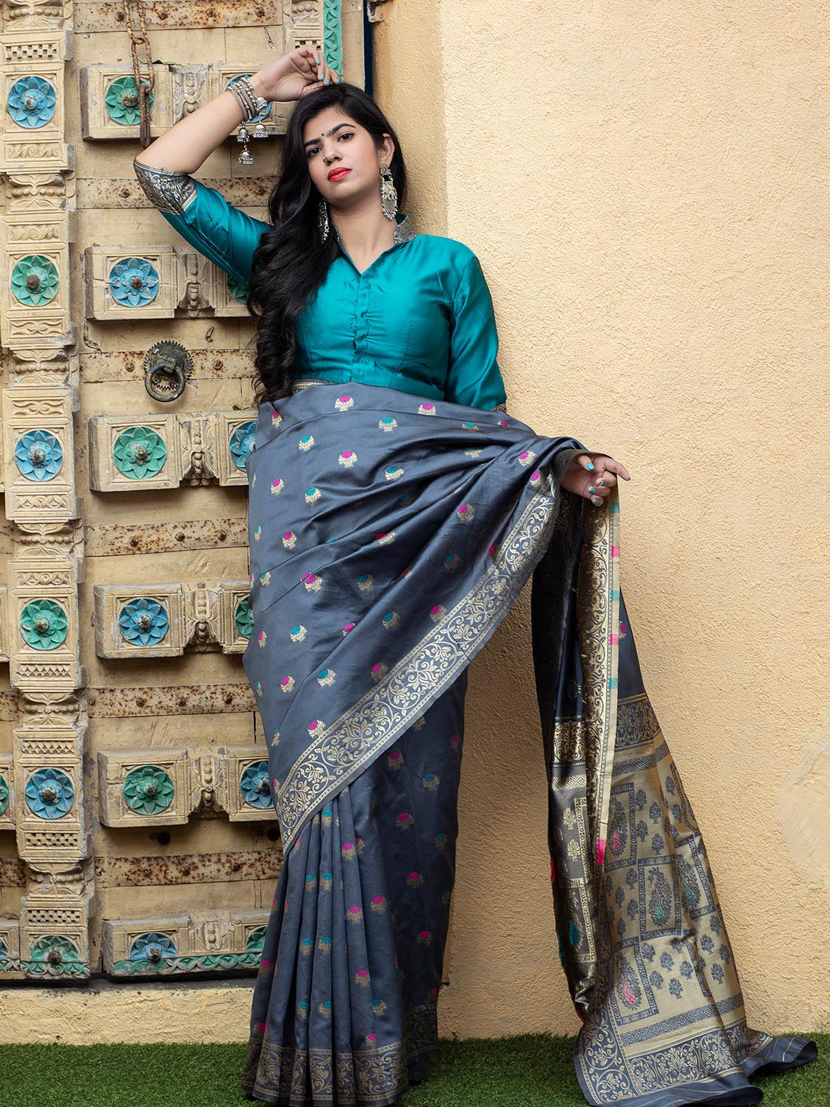 Odette Women Gorgeous Woven Grey Banarasi Silk Saree With Unstitched Blouse - Image 3