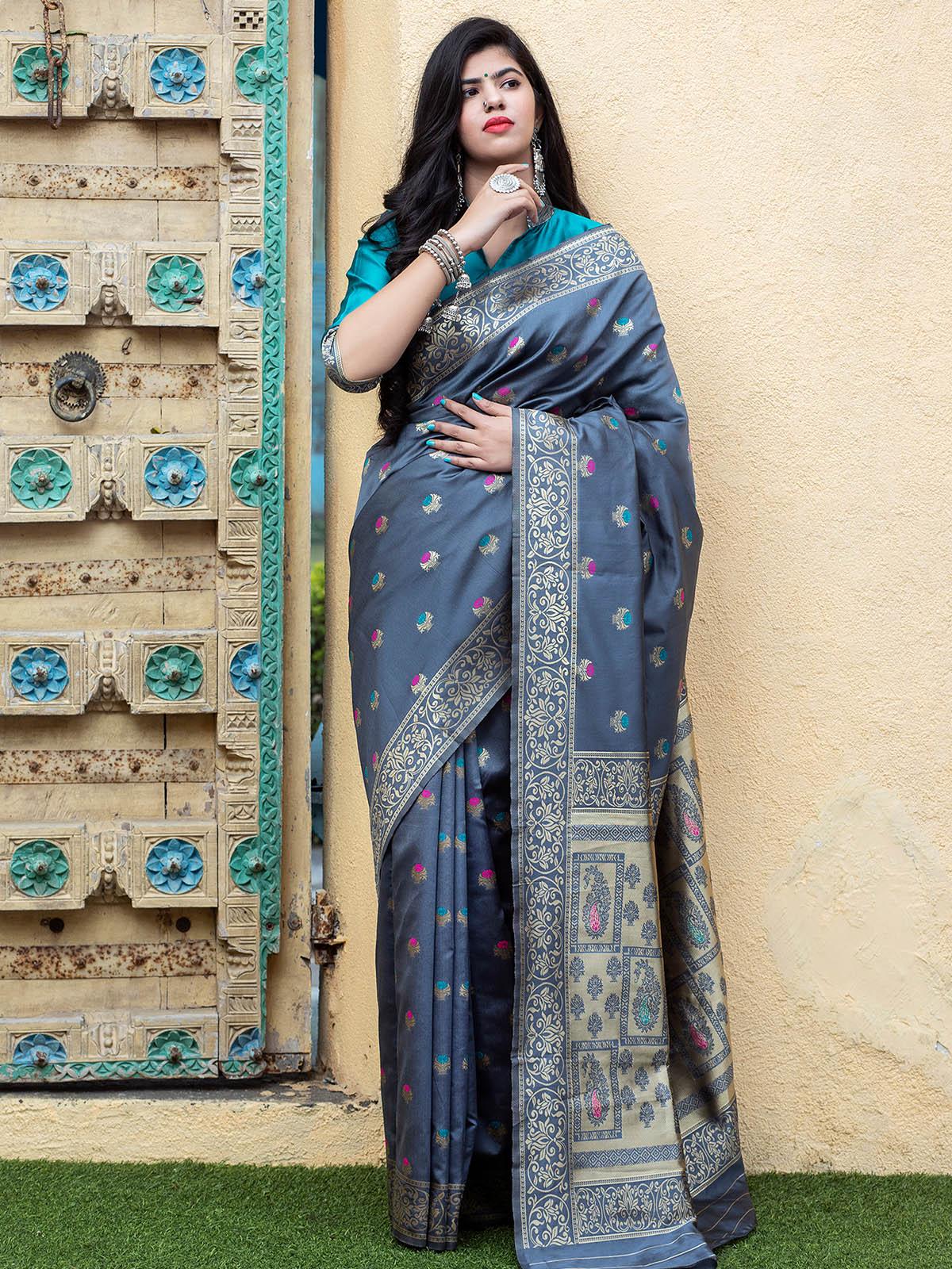 Odette Women Gorgeous Woven Grey Banarasi Silk Saree With Unstitched Blouse - Image 4