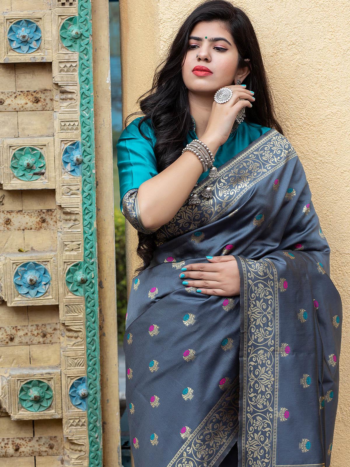 Odette Women Gorgeous Woven Grey Banarasi Silk Saree With Unstitched Blouse - Image 5