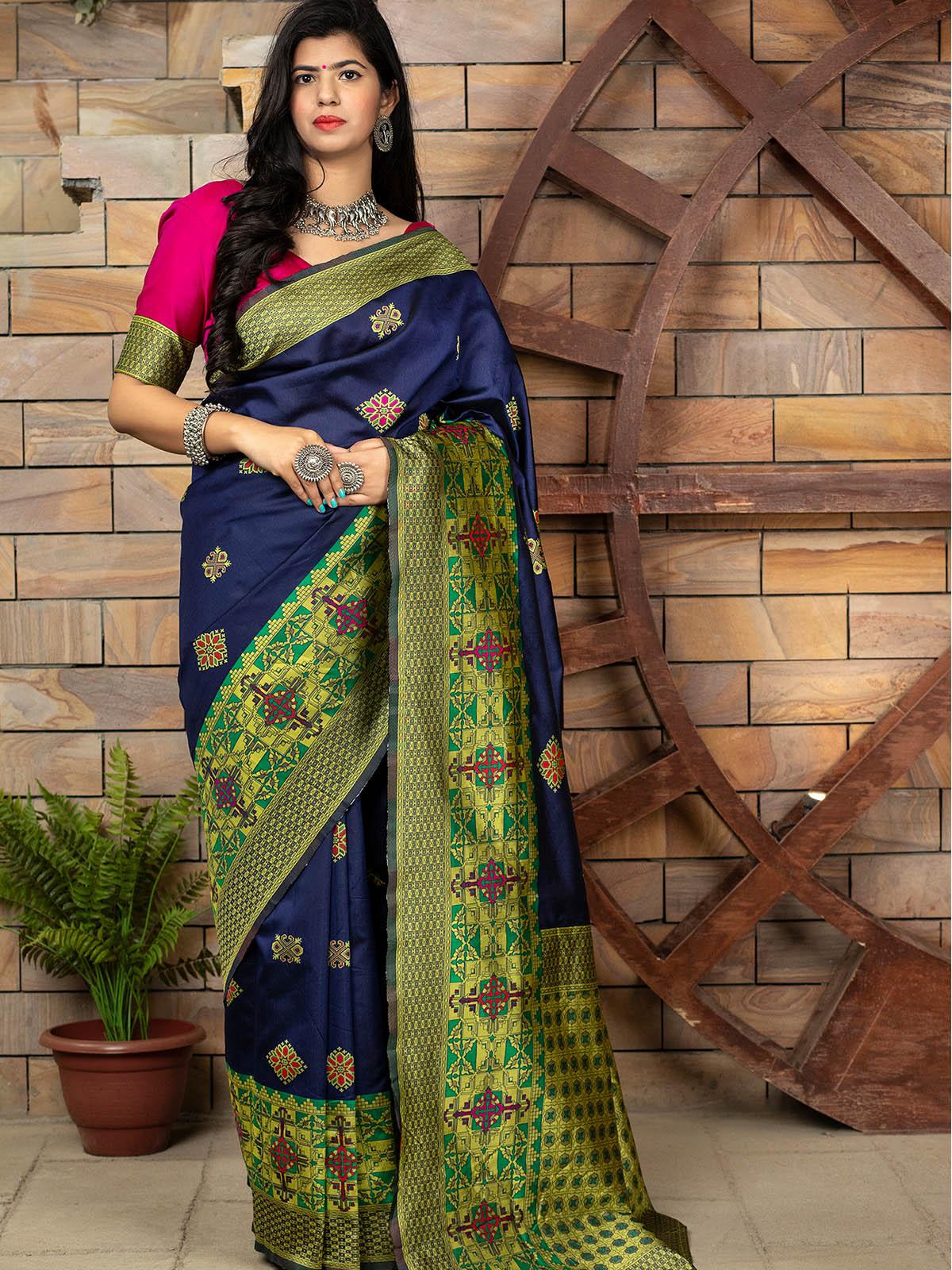 Odette Women Gorgeous Woven Indigo Banarasi Silk Saree With Unstitched Blouse - Image 3