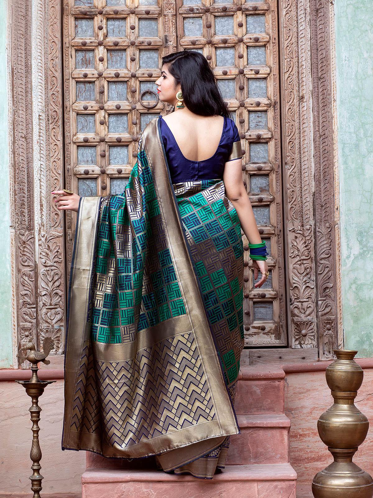 Odette Women Gorgeous Woven Green Banarasi Silk Saree With Unstitched Blouse - Image 2