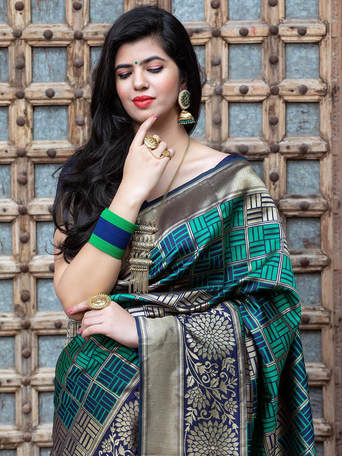 Odette Women Gorgeous Woven Green Banarasi Silk Saree With Unstitched Blouse - Image 5