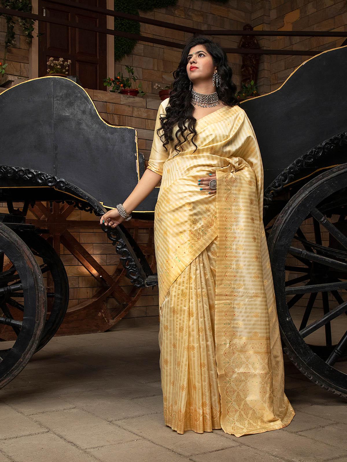 Odette Women Gorgeous Woven Apricot Banarasi Silk Saree With Unstitched Blouse - Image 3