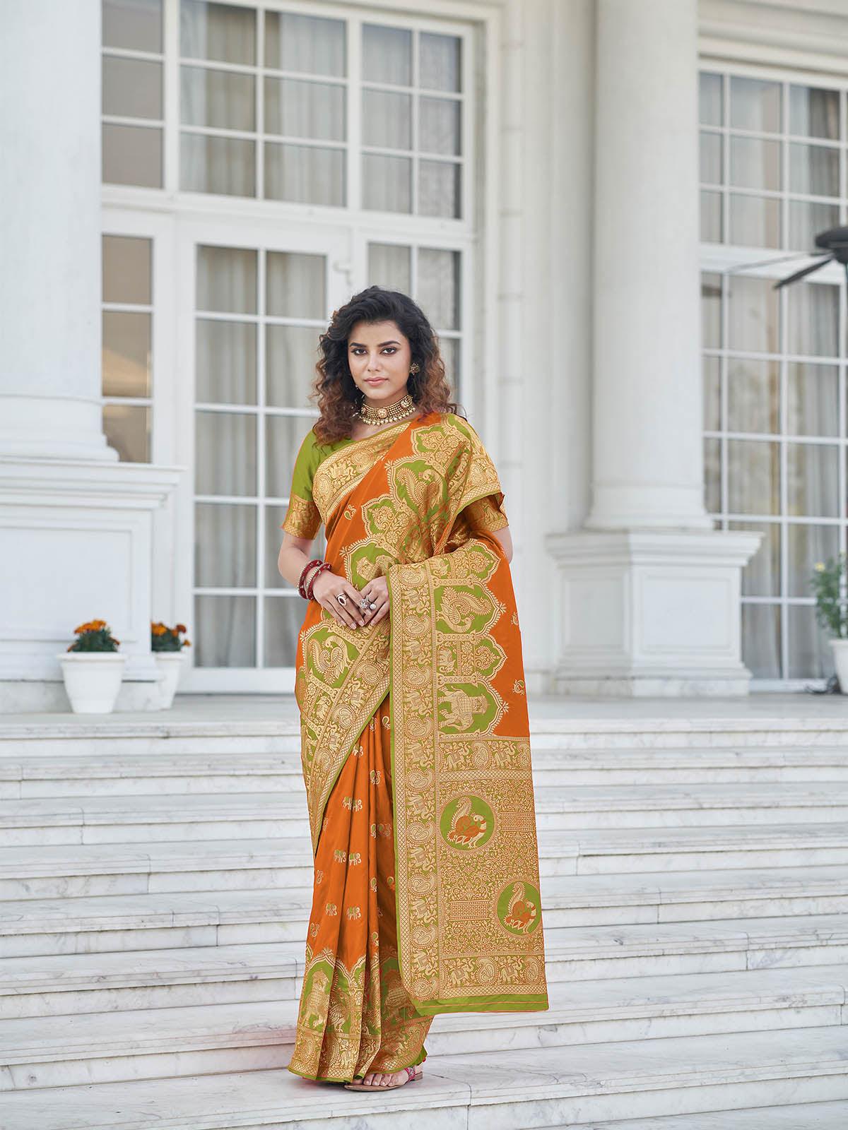 Odette Women Gorgeous Woven Orange Banarasi Silk Saree With Unstitched Blouse - Image 2