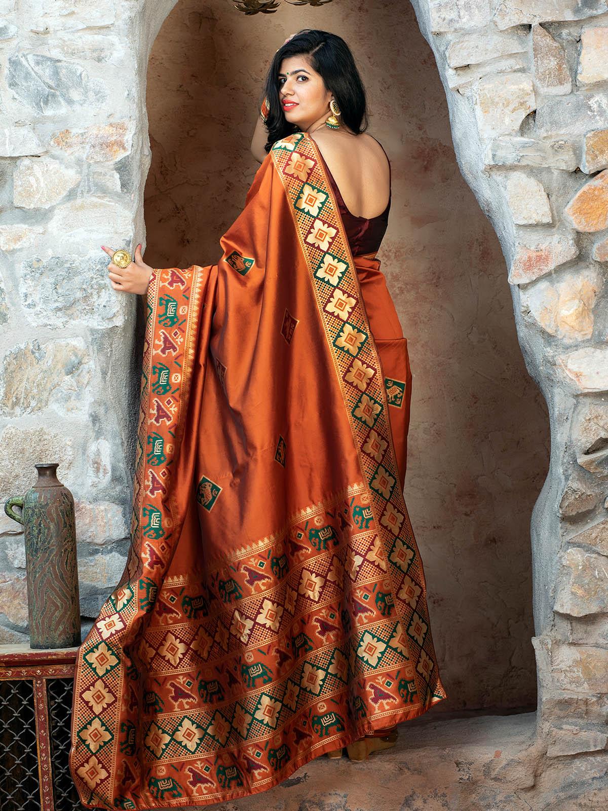 Odette Women Gorgeous Woven Orange Patola Silk Saree With Unstitched Blouse - Image 2