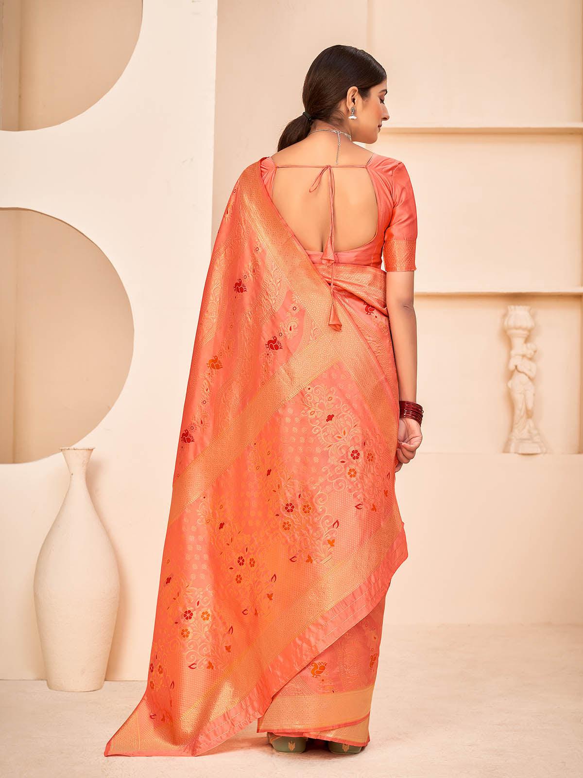 Odette Women Gorgeous Woven Peach Banarasi Silk Saree With Unstitched Blouse - Image 2