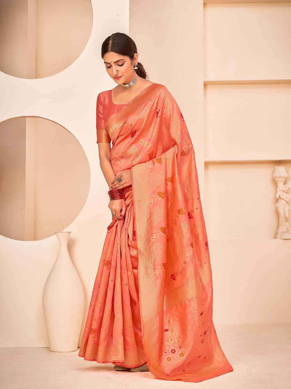 Odette Women Gorgeous Woven Peach Banarasi Silk Saree With Unstitched Blouse - Image 3