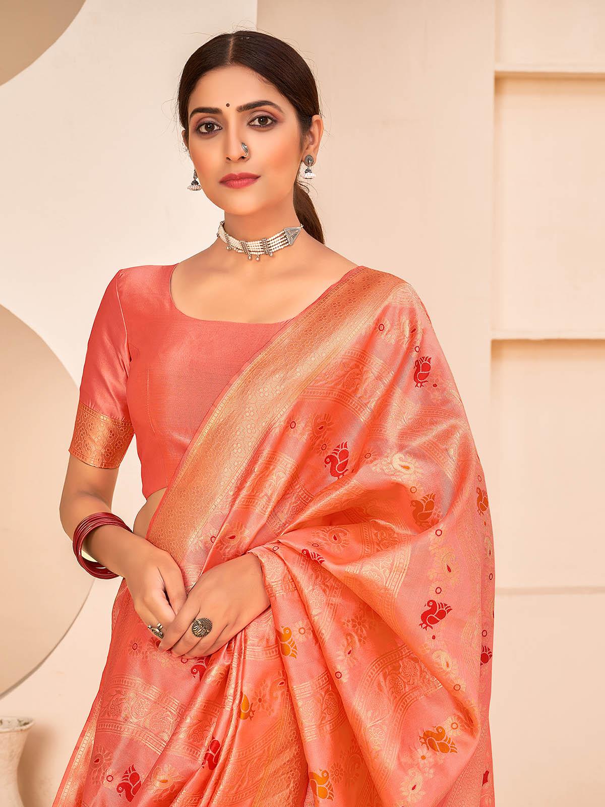 Odette Women Gorgeous Woven Peach Banarasi Silk Saree With Unstitched Blouse - Image 4