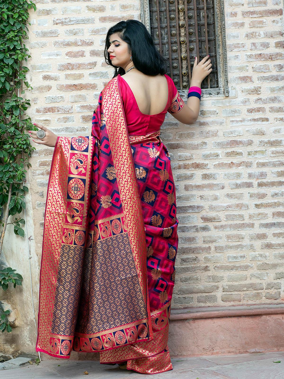 Odette Women Gorgeous Woven Pink Banarasi Silk Saree With Unstitched Blouse - Image 2