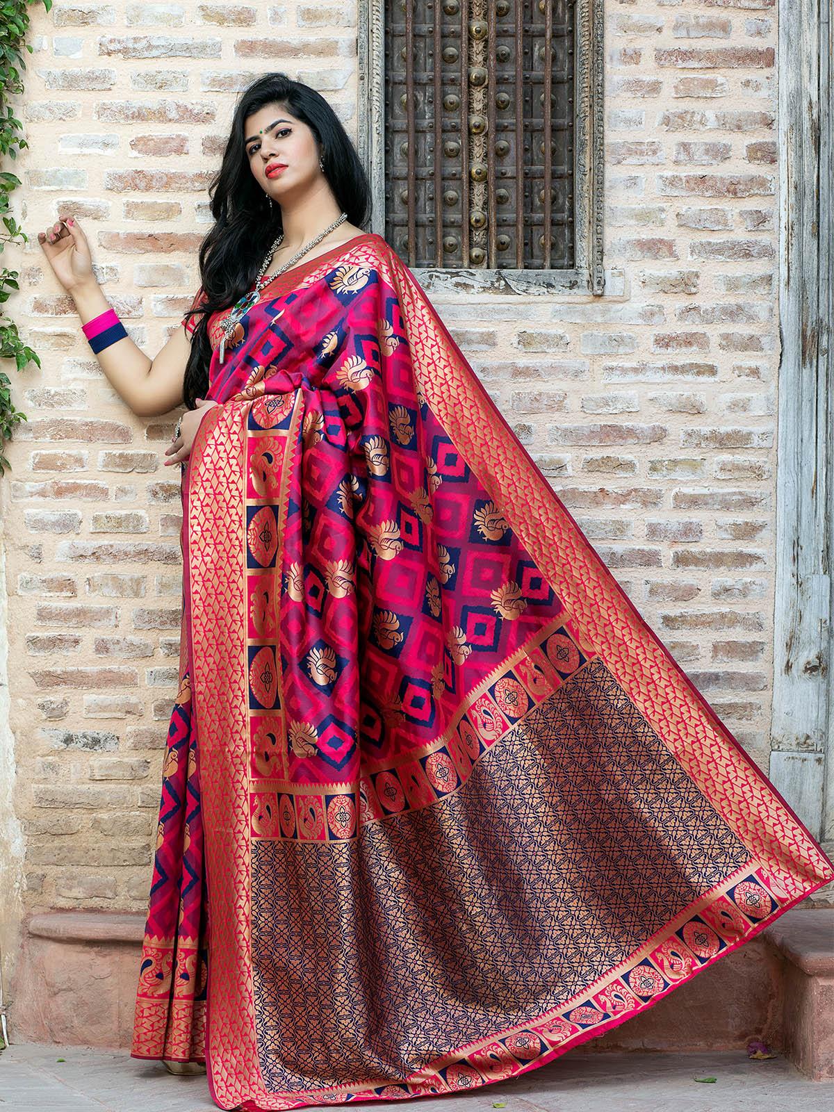 Odette Women Gorgeous Woven Pink Banarasi Silk Saree With Unstitched Blouse - Image 3