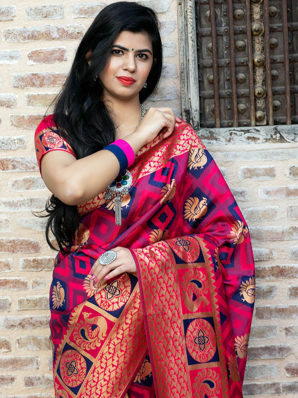 Odette Women Gorgeous Woven Pink Banarasi Silk Saree With Unstitched Blouse - Image 4