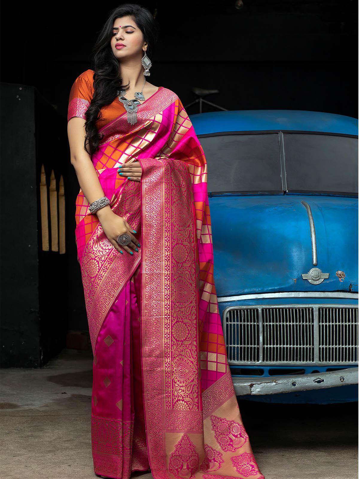 Odette Women Gorgeous Woven Pink Banarasi Silk Saree With Unstitched Blouse - Image 3