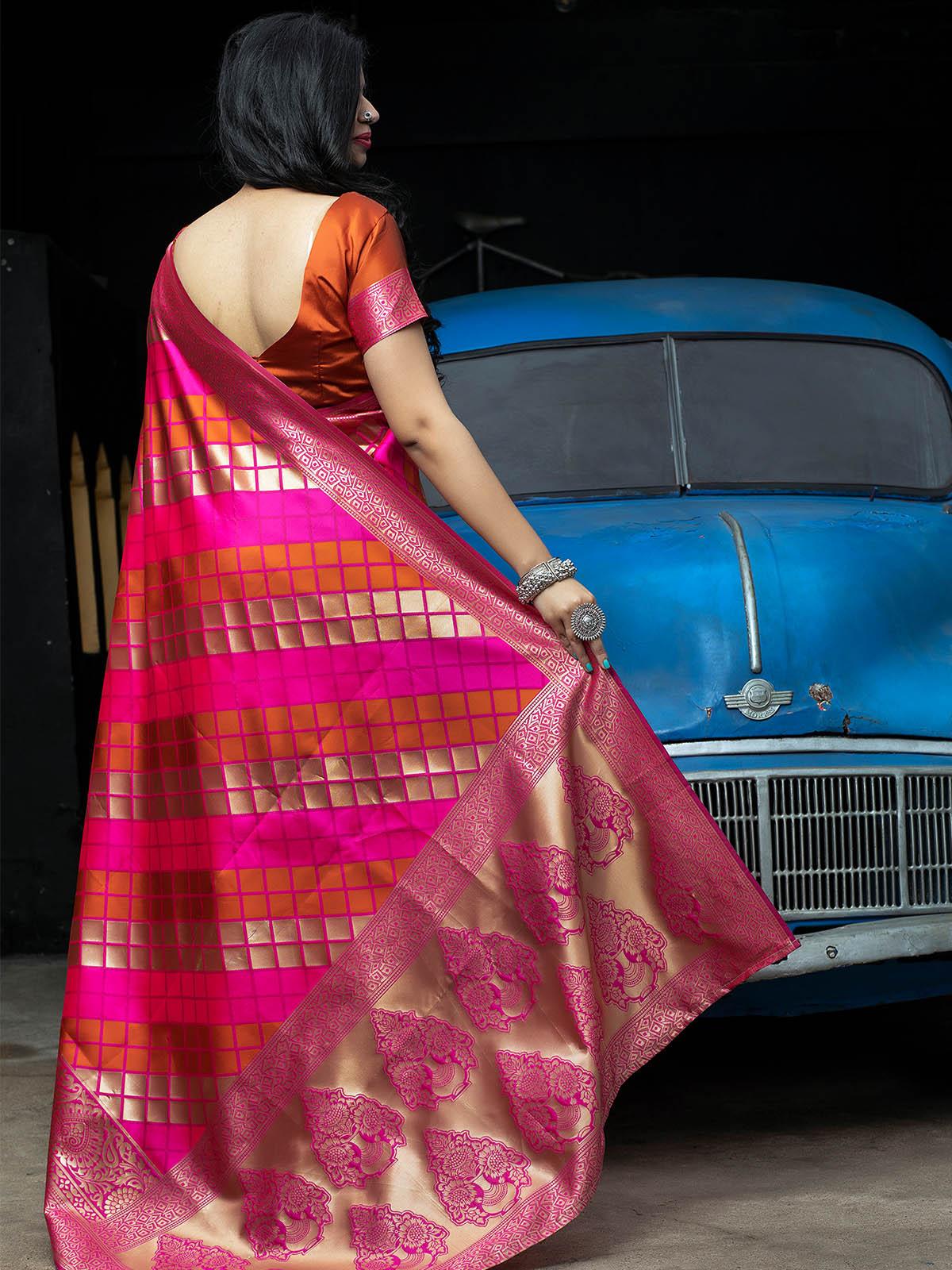 Odette Women Gorgeous Woven Pink Banarasi Silk Saree With Unstitched Blouse - Image 4