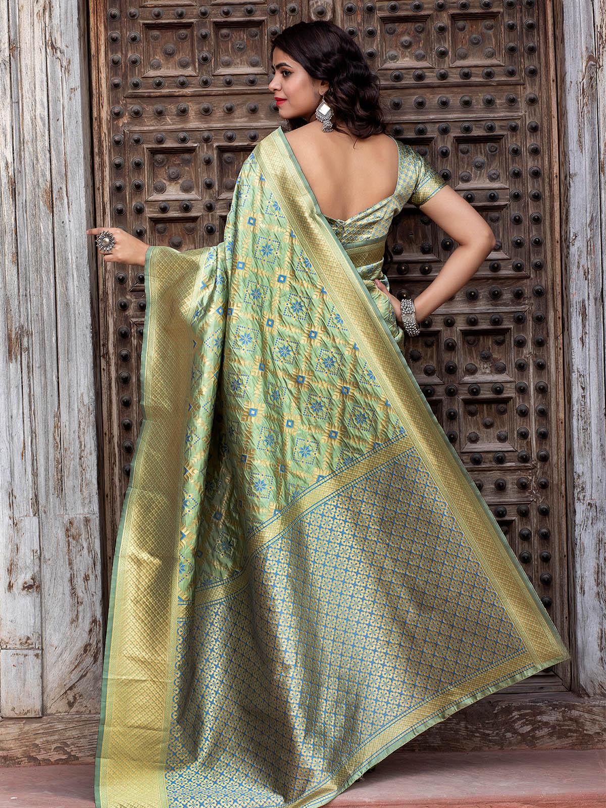 Odette Women Gorgeous Woven Pista Banarasi Silk Saree With Unstitched Blouse - Image 2