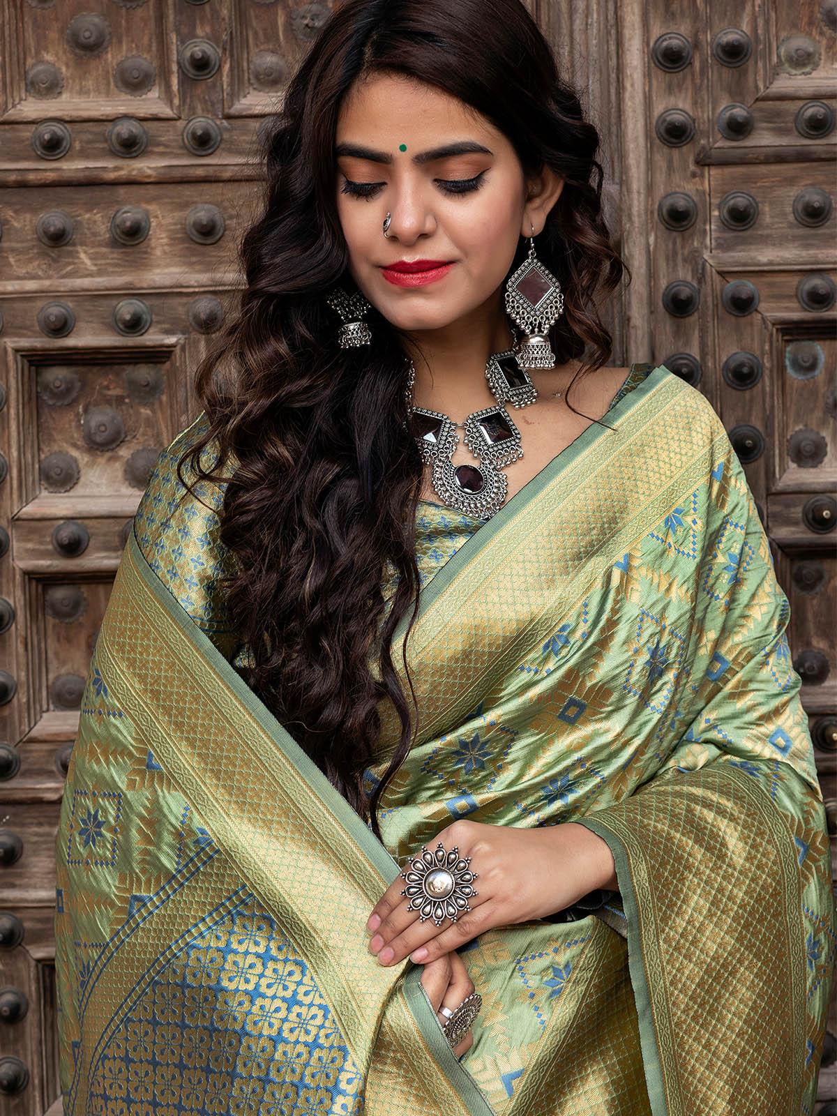 Odette Women Gorgeous Woven Pista Banarasi Silk Saree With Unstitched Blouse - Image 3