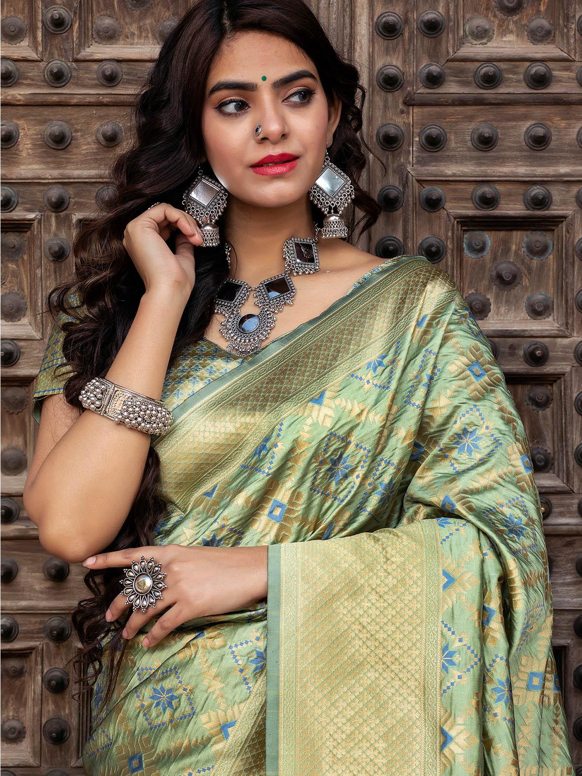 Odette Women Gorgeous Woven Pista Banarasi Silk Saree With Unstitched Blouse - Image 5