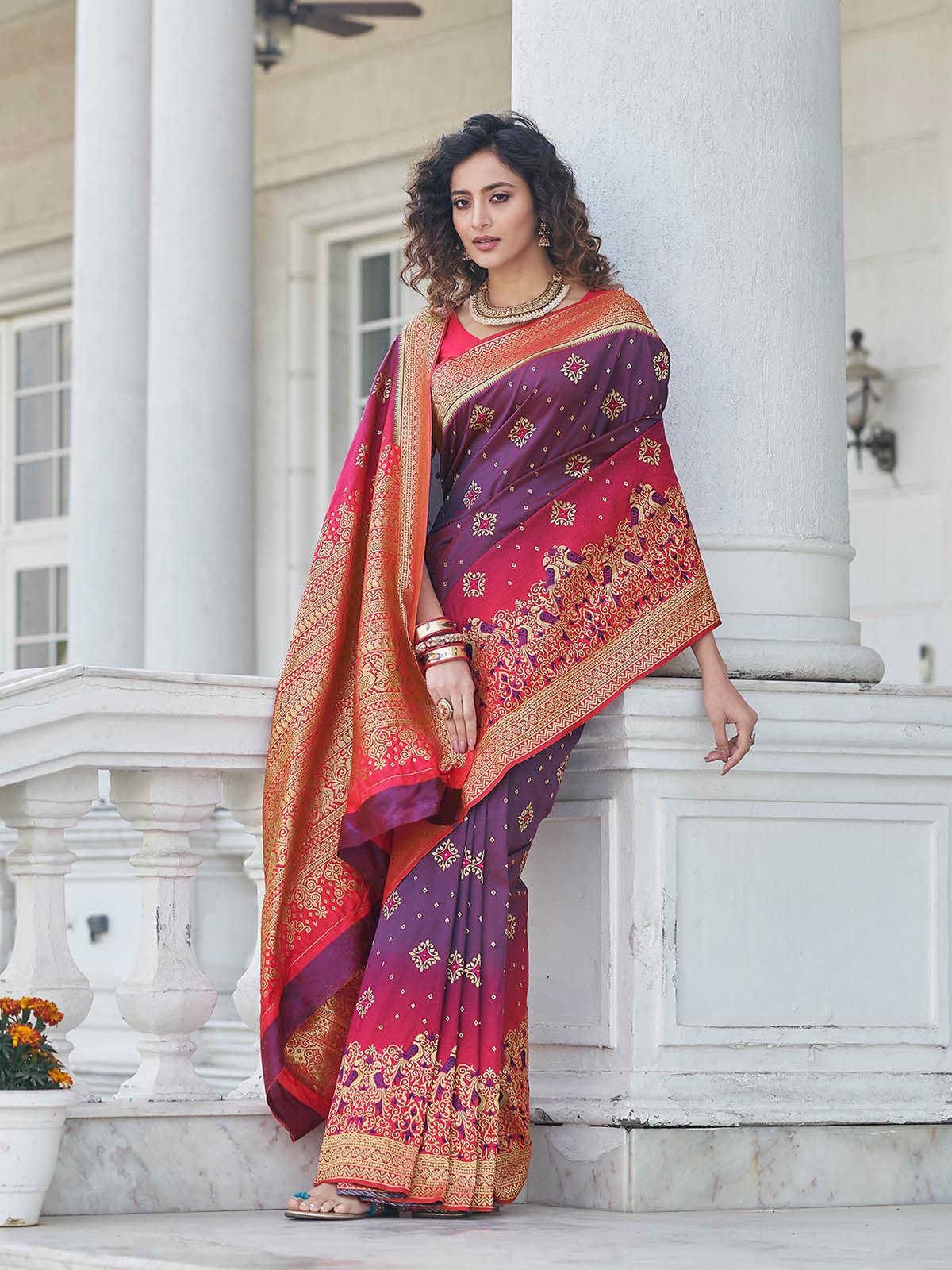 Odette Women Gorgeous Woven Purple Banarasi Silk Saree With Unstitched Blouse - Image 2