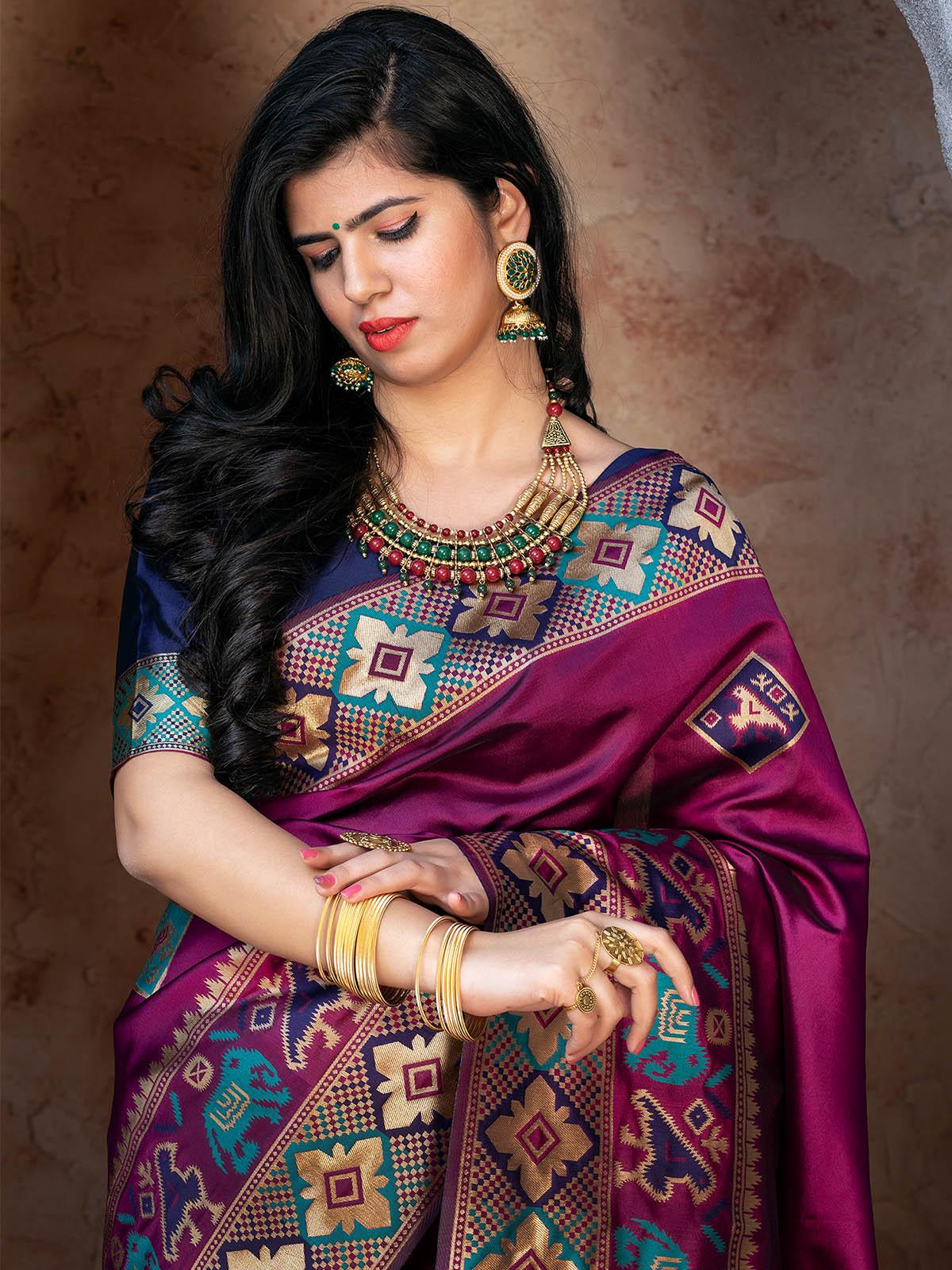 Odette Women Gorgeous Woven Purple Patola Silk Saree With Unstitched Blouse - Image 3