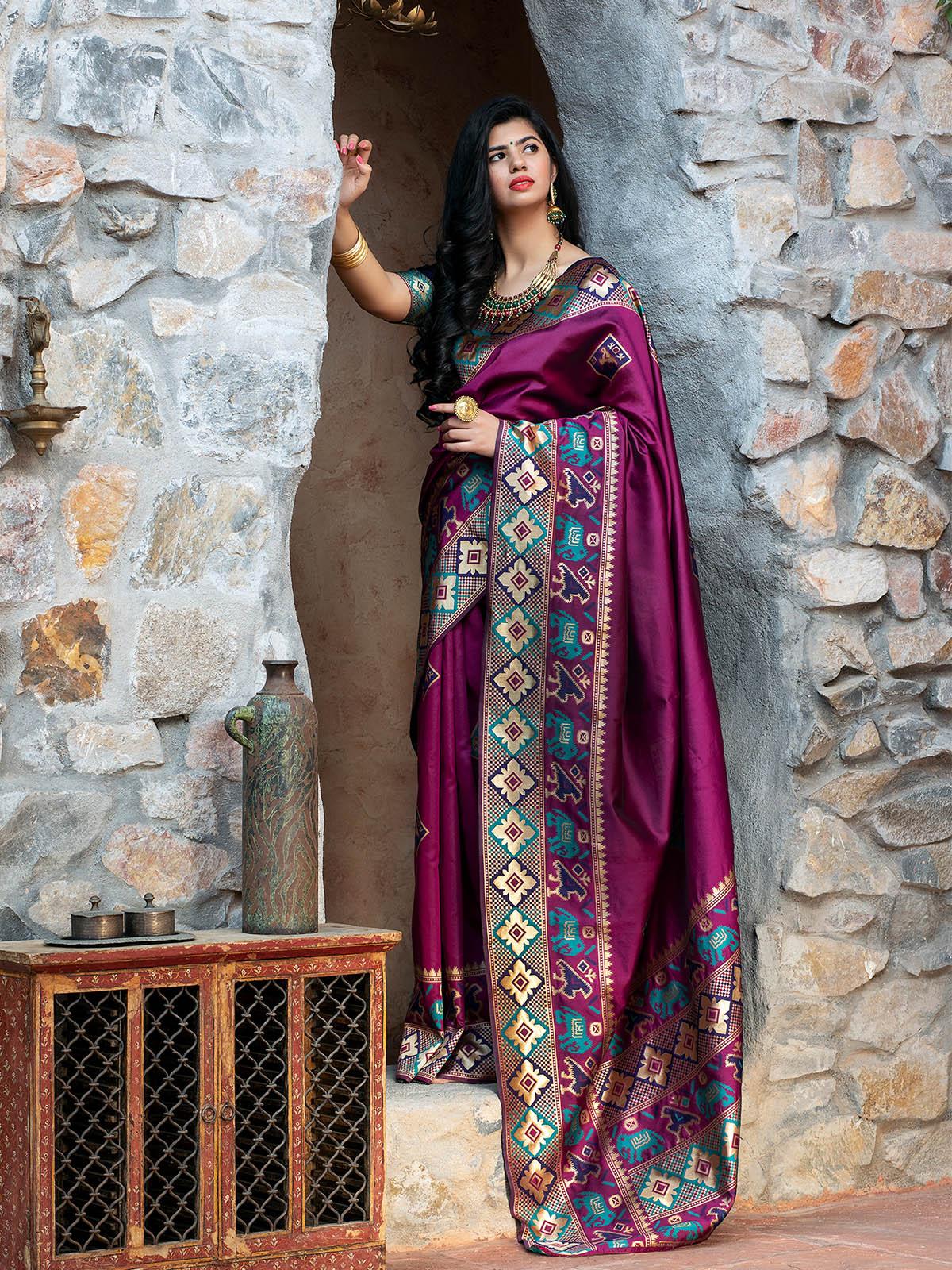 Odette Women Gorgeous Woven Purple Patola Silk Saree With Unstitched Blouse - Image 4