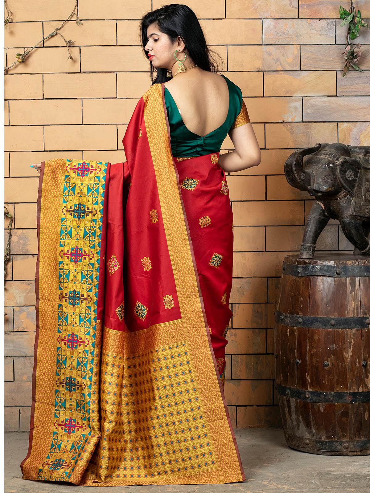 Odette Women Gorgeous Woven Red Banarasi Silk Saree With Unstitched Blouse - Image 2