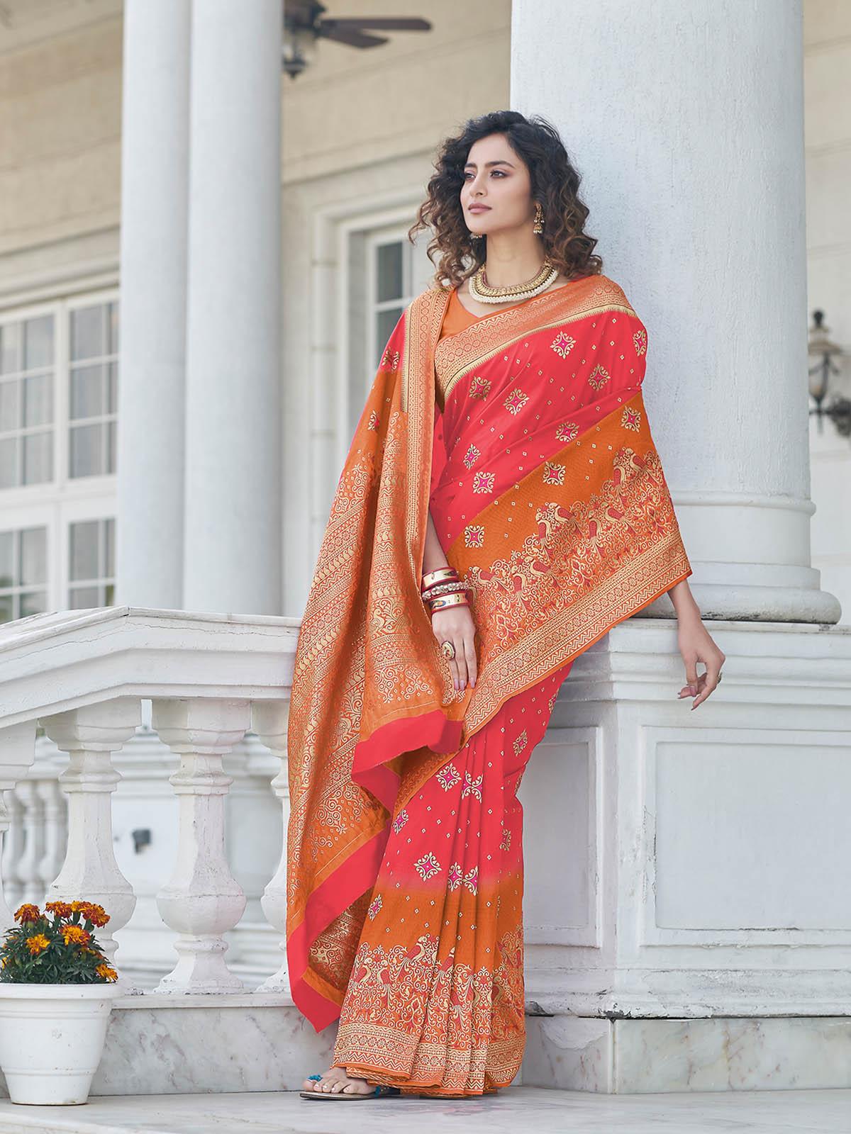 Odette Women Gorgeous Woven Red Banarasi Silk Saree With Unstitched Blouse - Image 2