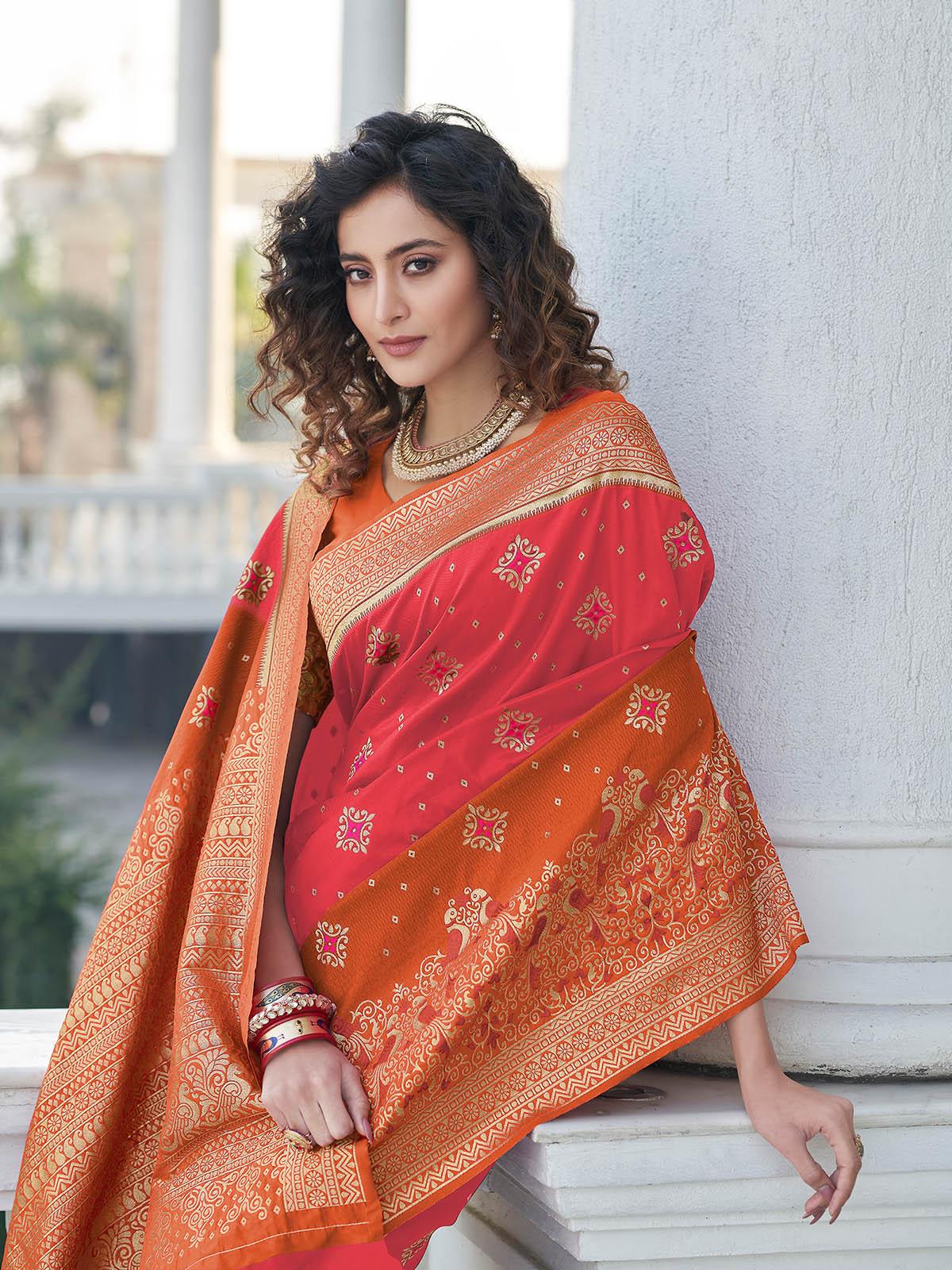 Odette Women Gorgeous Woven Red Banarasi Silk Saree With Unstitched Blouse - Image 3