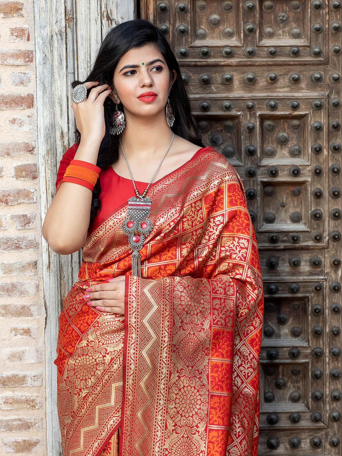 Odette Women Gorgeous Woven Red Banarasi Silk Saree With Unstitched Blouse - Image 3