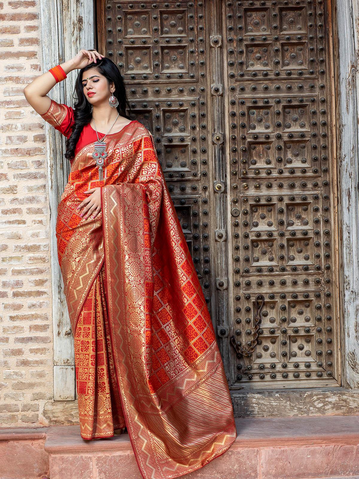 Odette Women Gorgeous Woven Red Banarasi Silk Saree With Unstitched Blouse - Image 4