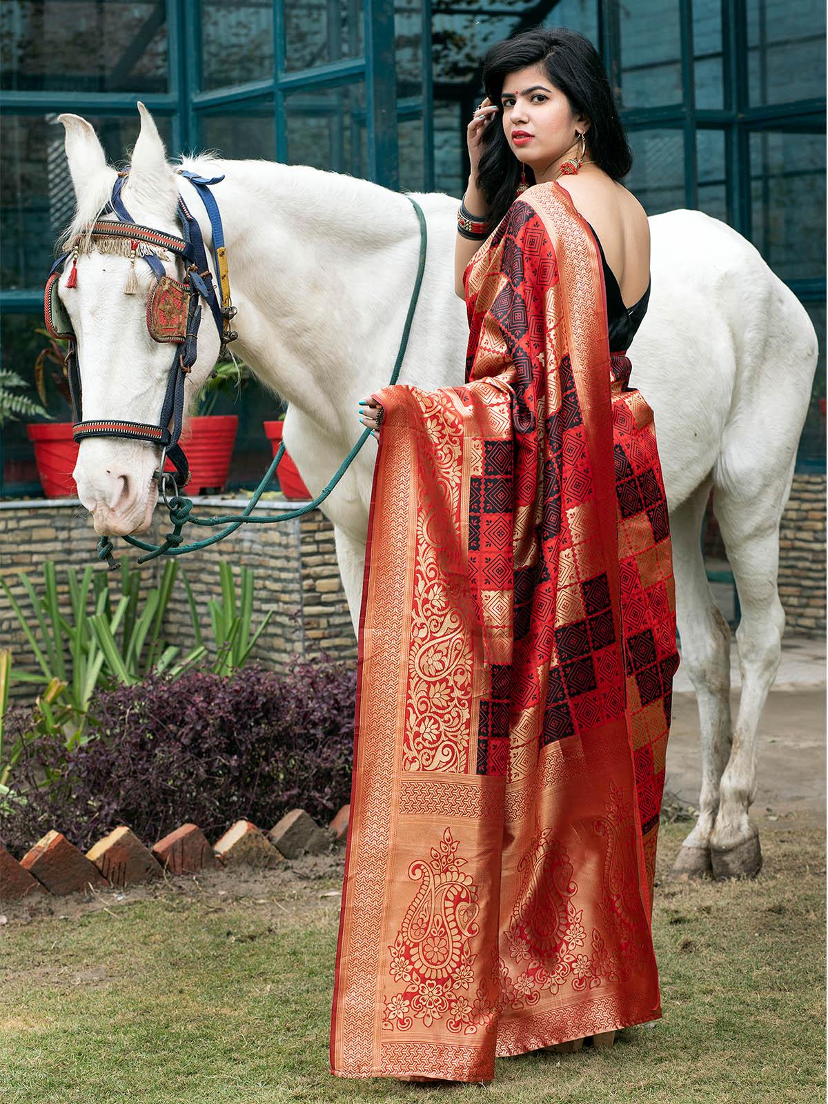 Odette Women Gorgeous Woven Red Banarasi Silk Saree With Unstitched Blouse - Image 2