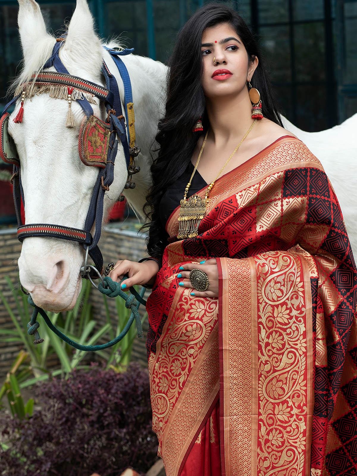 Odette Women Gorgeous Woven Red Banarasi Silk Saree With Unstitched Blouse - Image 4