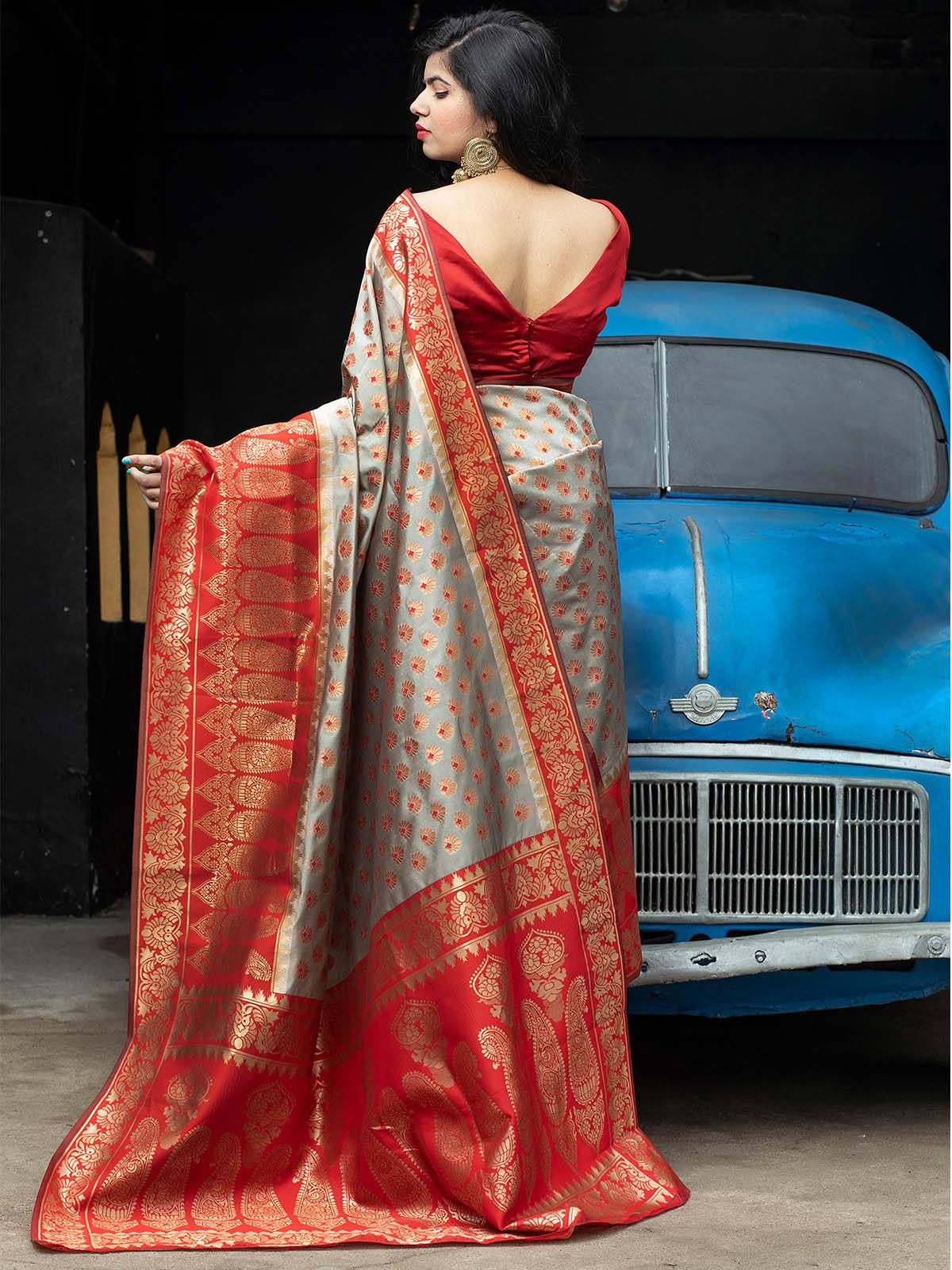 Odette Women Gorgeous Woven Grey And Red Banarasi Silk Saree With Unstitched Blouse - Image 2