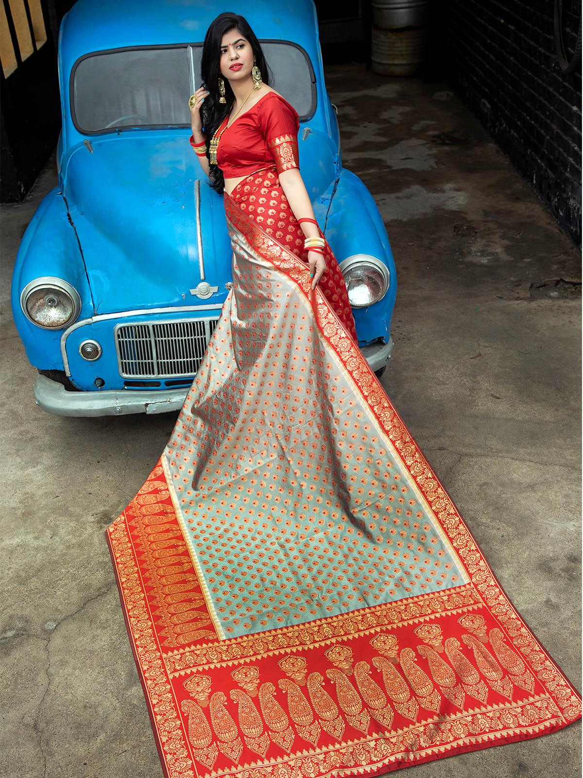 Odette Women Gorgeous Woven Grey And Red Banarasi Silk Saree With Unstitched Blouse - Image 3