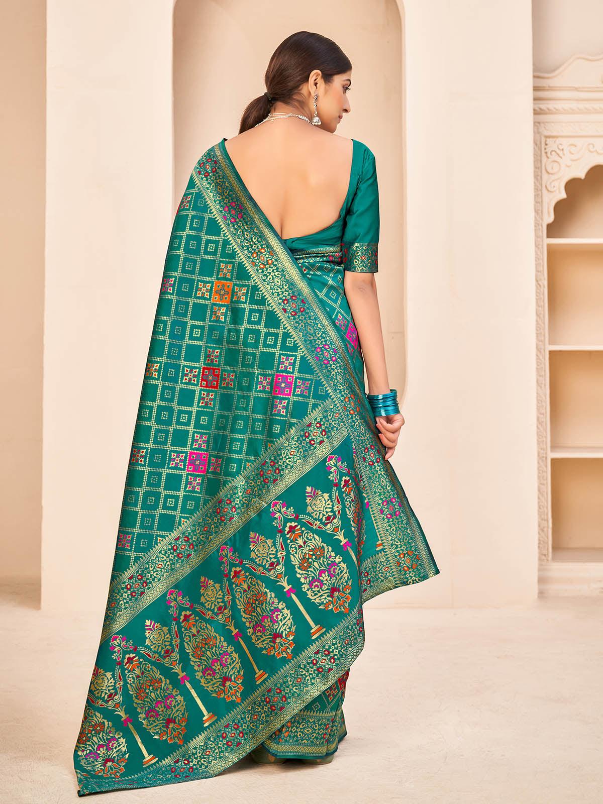 Odette Women Gorgeous Woven Teal Green Banarasi Silk Saree With Unstitched Blouse - Image 2
