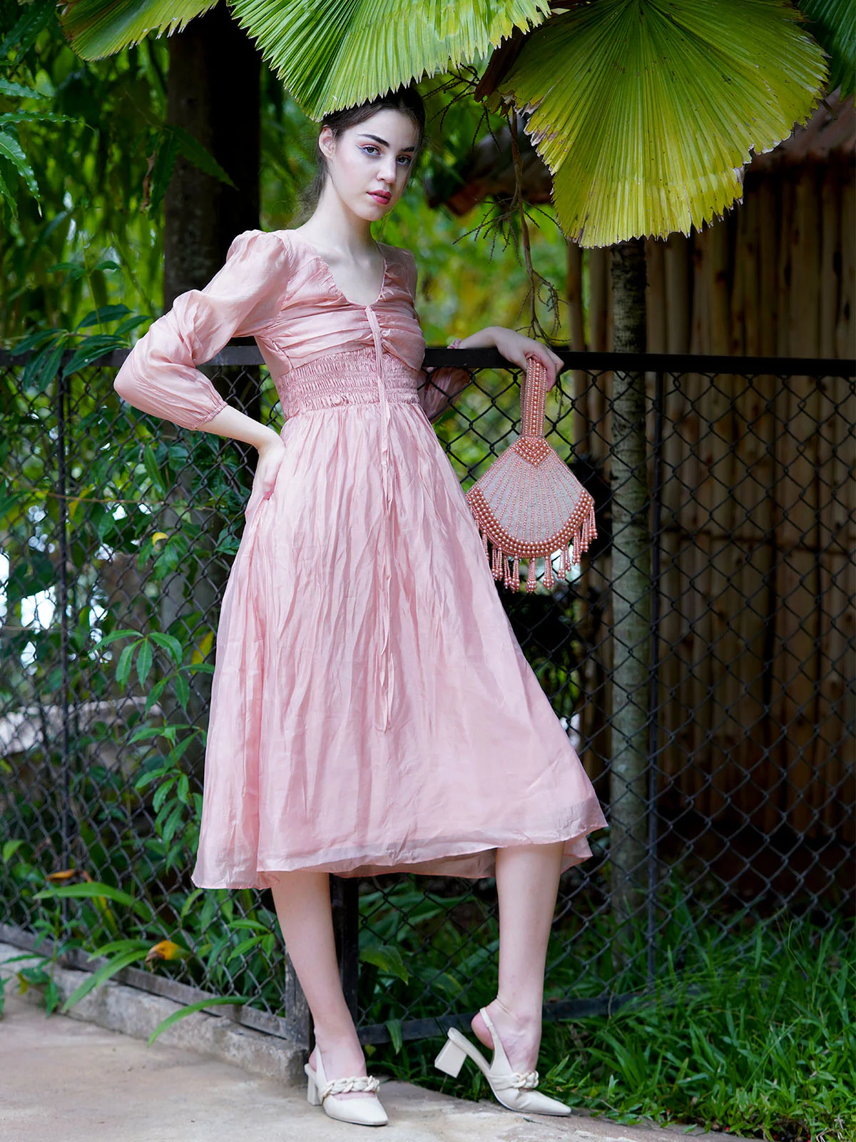 Odette Women Graceful Peach Polyester Voil Solid Dress - Image 3