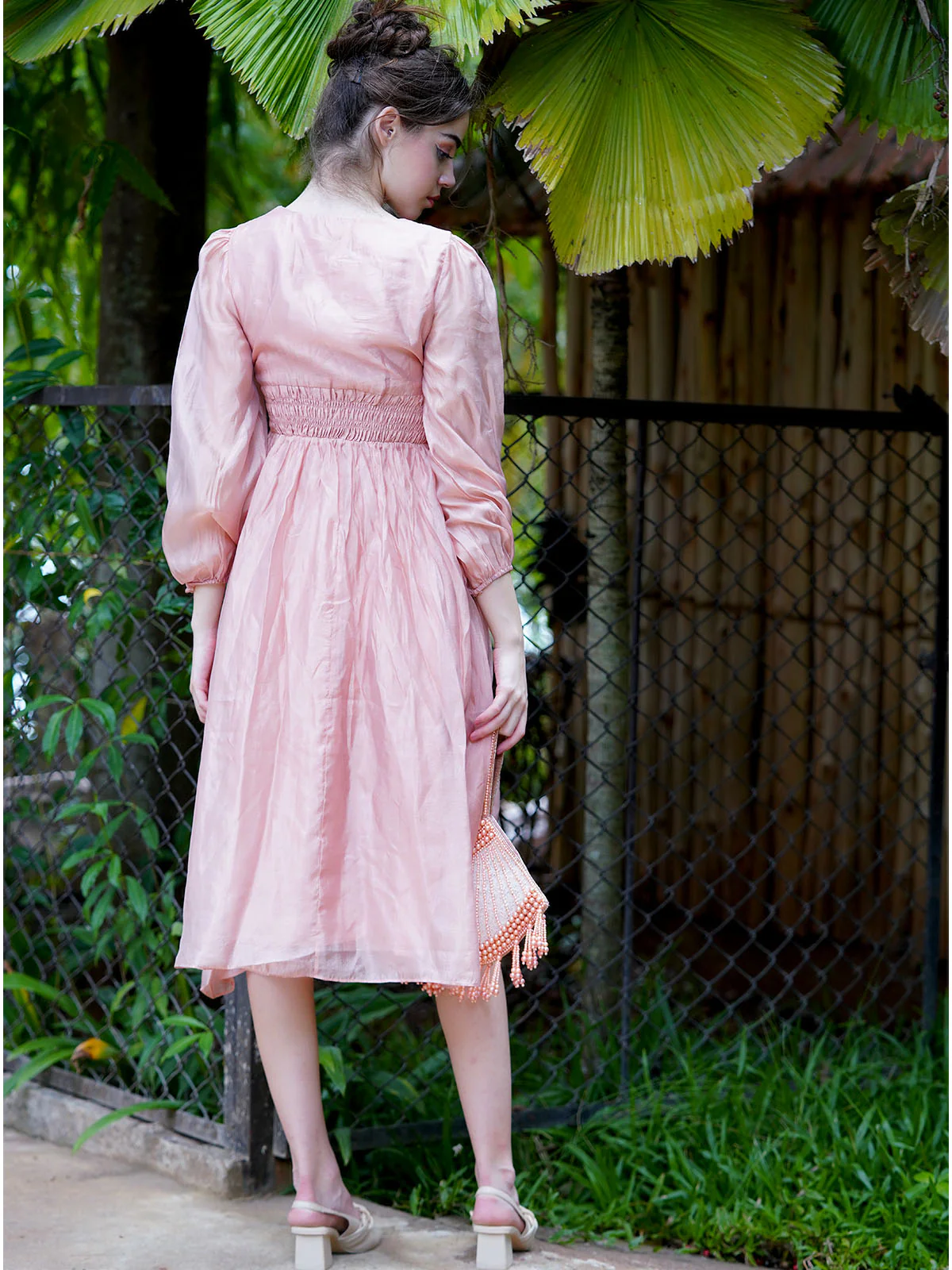 Odette Women Graceful Peach Polyester Voil Solid Dress - Image 4