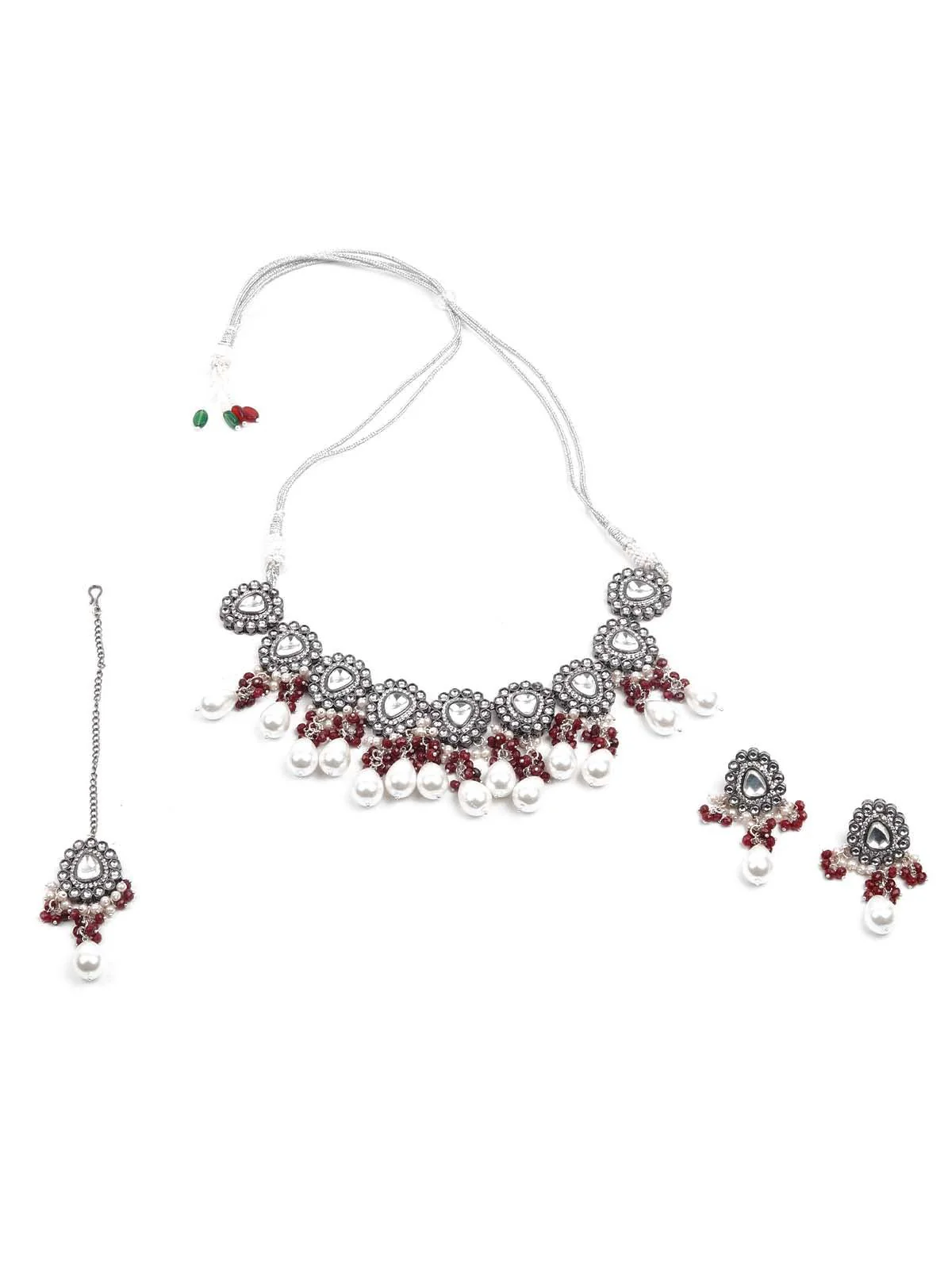 Odette Women Graceful Red And White Palladium Neckpiece Set - Image 3