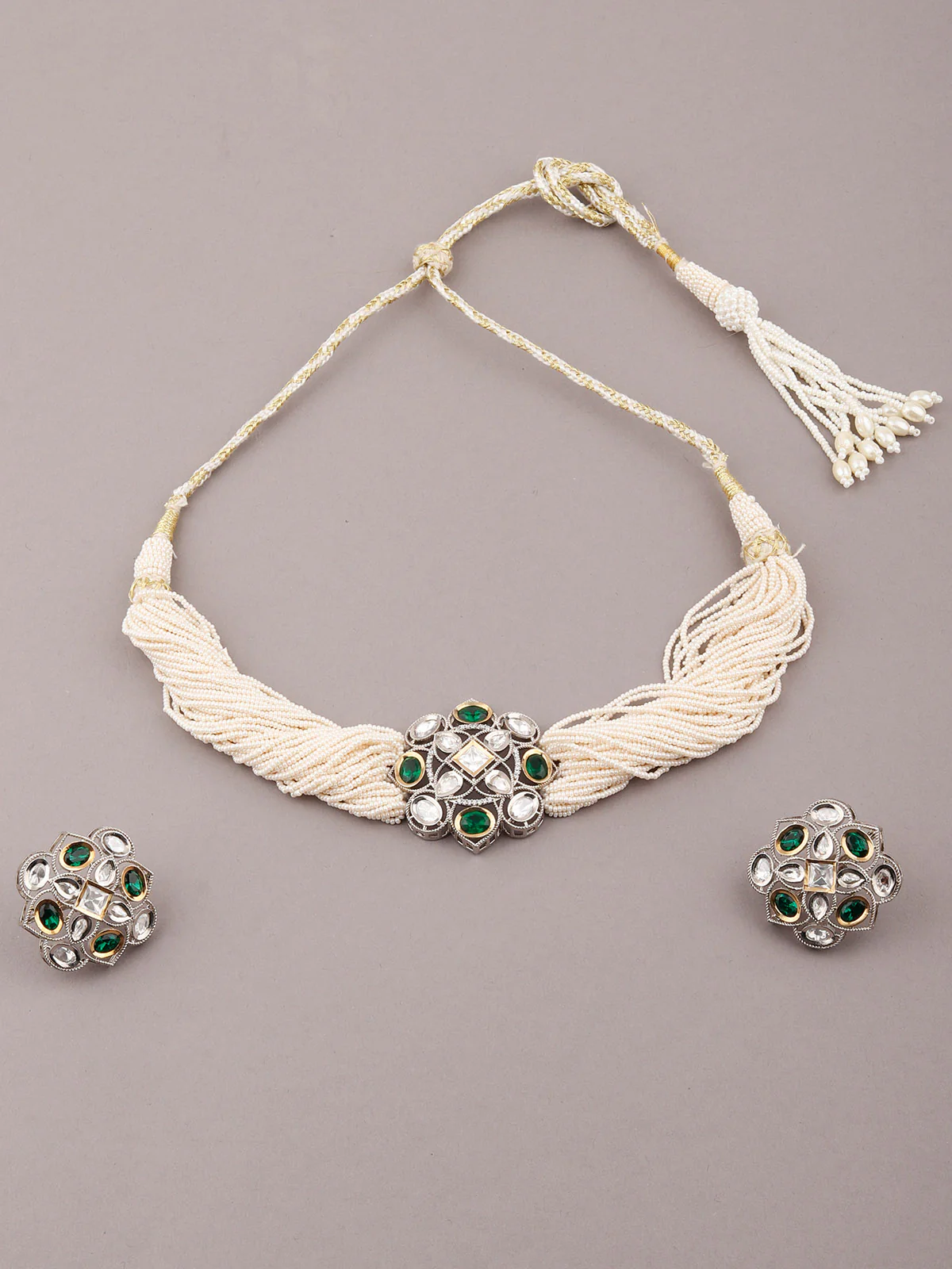Odette Women Green And White Choker Necklace Set - Image 3