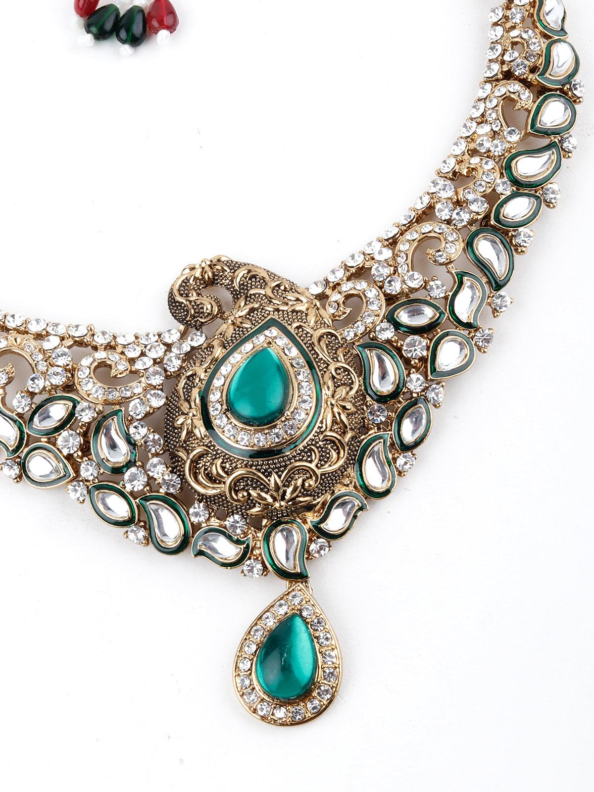 Odette Women Green And White Kundan Paisley Choker Necklace - Image 3