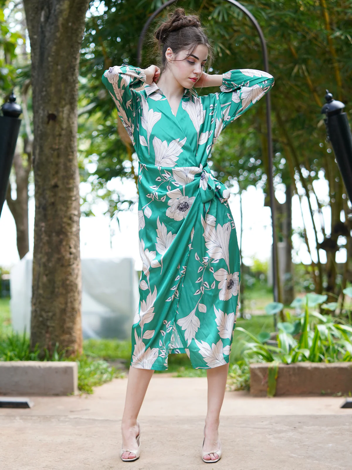 Odette Women Green And White Printed Satin Overlap Dress - Image 2